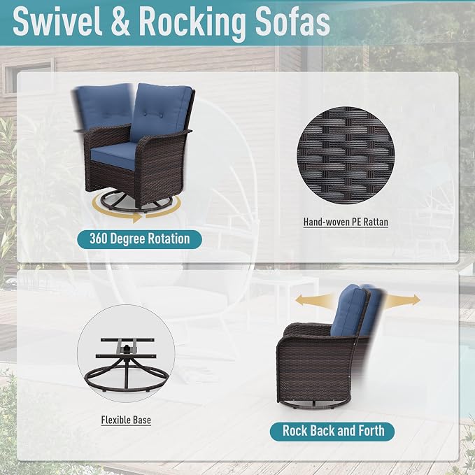 ALAULM 12 Pieces Patio Furniture Set with 2 Swivel Chairs Wicker Patio Conversation Set, Outdoor Sectional Furniture w/Coffee Table & Washable Seat Cushions-Dark Blue