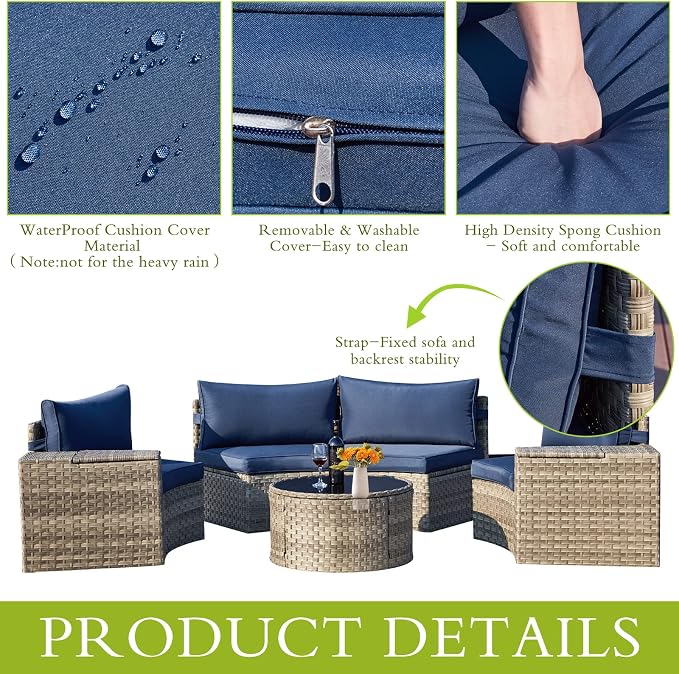 ECOTOUGE 7 Piece Outdoor Half Moon Furniture, Wicker Patio Sectional Conversation Set with 2 Storage Armrests and Circle Glass Table, Gray Rattan Curved Sofa for Garden, Balcony and Back Yard (Blue)