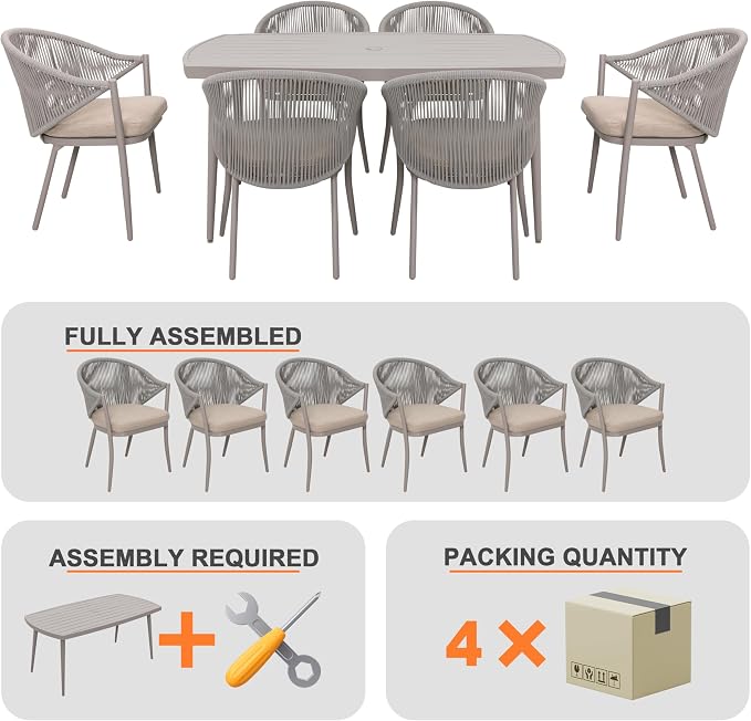 Nuu Garden Outdoor 7 Piece Dining Set, Woven Rope Conversation Chairs with Seat Cushions and Tufted Pillows, Aluminum Dining Table with 2.76" Umbrella Hole, Ideal for Patio, Lawn, Garden, Porch, Beige