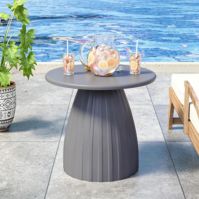 Round Metal Outdoor Patio Side Table, Steel Outdoor Accent Table, Small Patio End Table, for Garden, Pool, Yard, Balcony, Living Room, Deck, Weather Resistant, No Assembly, Grey