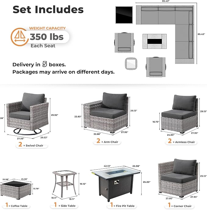 ovios 10 Pieces Patio Furniture Set, Outdoor Wicker Sectional Sofa with 42" Fire Pit Table Swivel Chairs, Modern Modular Deep Seat Rattan Couch Conversation Sets, Black