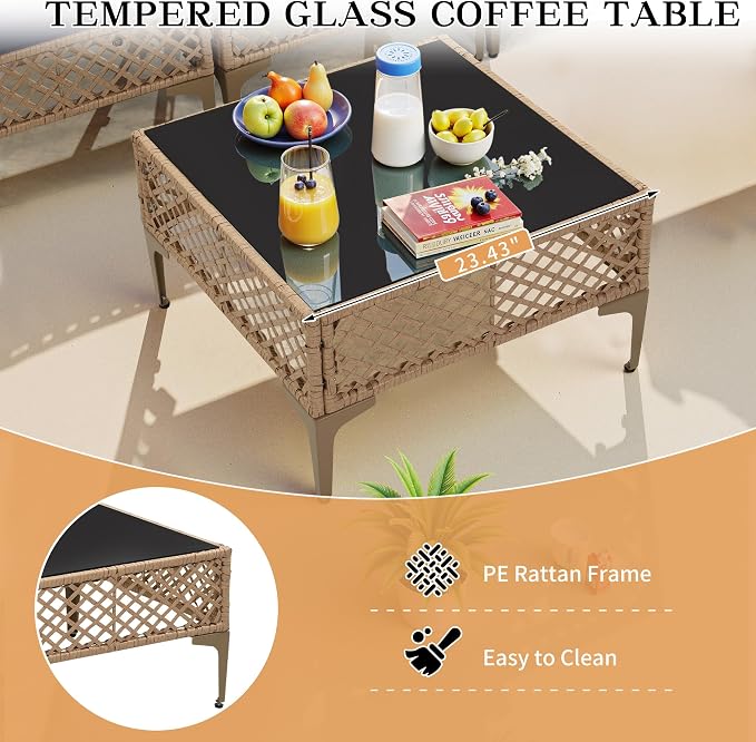 FHFO 7 Piece Outdoor Wicker Patio Furniture Set, Yellow/Blue | Sectional Sofa | All-Weather Hand-Woven Rattan | Tempered Glass Coffee Table | Free Combination | Indoor & Outdoor Use
