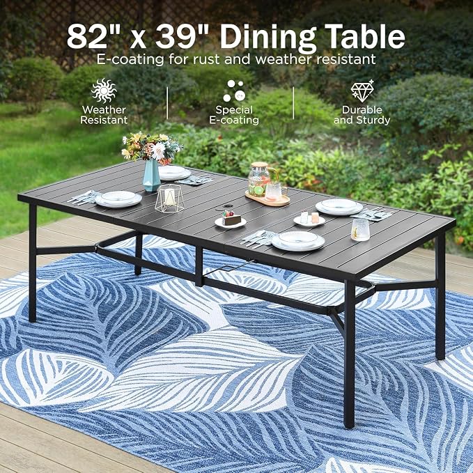 PHI VILLA 7 Pcs Outdoor Dining Set for 6&83" Rectangle Metal Steel Table | Swivel Wrought Iron Chairs with Cushions, Outside Furniture Set for Patio, Deck, Yard, Porch