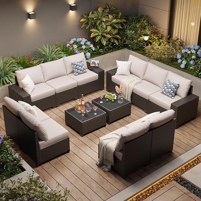 Aoxun Patio Furniture Set, 12 Pcs Outdoor Patio Furniture Sets with 4 in Thicken Cushion, Widen Armrests Wicker Outdoor Sectional for Backyard & Garden, Grey