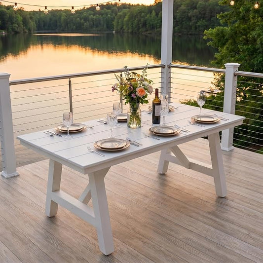 Costaelm Outdoor Dining Tables for Patio, 72" Rectangle 6-Person HDPE Dining Table with Umbrella Hole and Metal Frame for Outside, Garden, Poolside, Backyard, Porch, Balcony, White