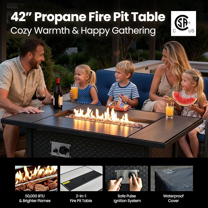 6 Piece Patio Furniture Set with Fire Pit Table, Outdoor Wicker High Back Sofa Chairs Ottoman with Comfy Cushions, Modern Conversation Sets for Backyard Deck Garden Poolside, Navy Blue