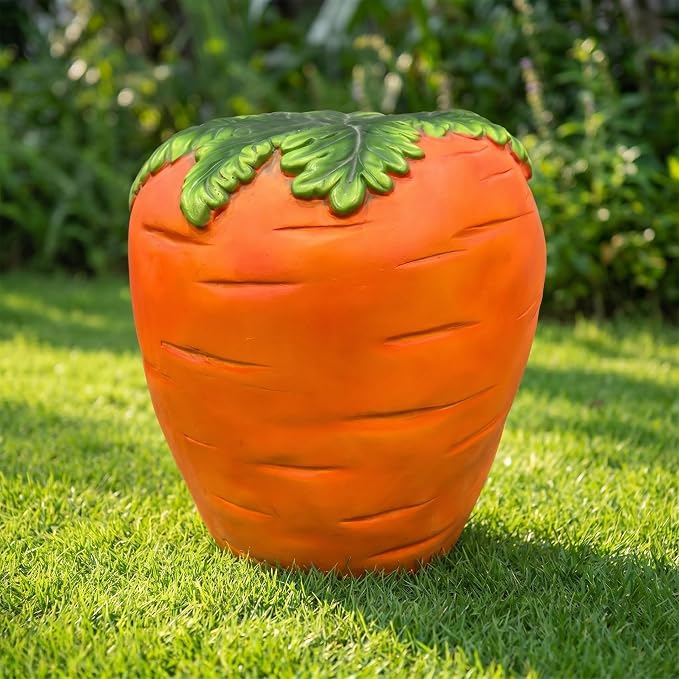 16" Orange Carrot Resin Garden Stool, Multifunctional Outdoor Side Table & Plant Stand, Weatherproof Decorative Sculpture, Funny Unique Gift for Patio Yard Lawn & Housewarming