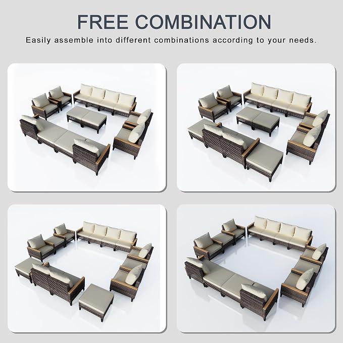 14 Pieces Patio Furniture Set, Wicker Rattan Outdoor Conversation Sets with Footstool, Modular Sectional Seating Set 2 Three Seater Sofa & 4 Single Armchairs & 4 Ottomans for Home (Beige Cushions)