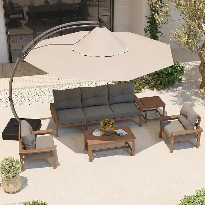 HDPE Outdoor Patio Furniture Set, 7-Piece Patio Conversation Sets with Coffee Table & Side Table & Grey Washable Thick Cushions, Outdoor Sofa for Balcony, Porch, Poolside (Teak Frame)