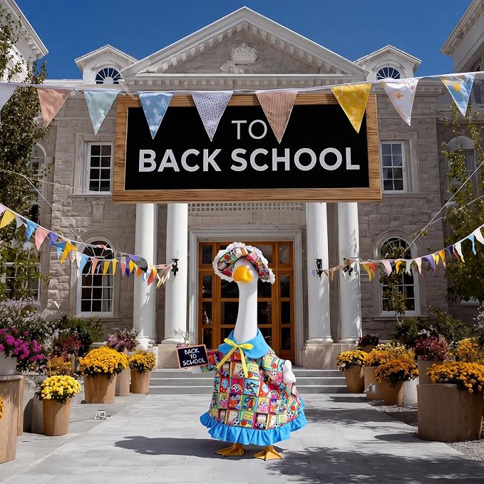 Outus Back to School Porch Goose Outfits Includes Blue Sun Hat and Blue Notebook Shirt First Day of School Classroom Goose Clothing for Outdoor Garden Yard Patio Lawn 23" Statue