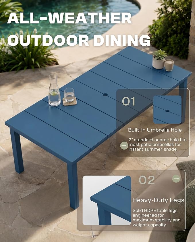 75.2" Outdoor Dining Table for 4-6 People, Patio Dining Outdoor Table with Umbrella Hole, All Weather Patio Table for Backyard, Deck and Garden, Navy Blue