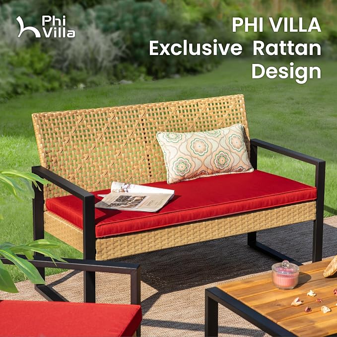 PHI VILLA Wicker Patio Furniture Set for 4, Small Patio Loveseat and Chairs with Acacia Wood Coffee Table, Outdoor Conversation Set with Red Cushion, Front Porch Furniture for Deck, Yard, Garden