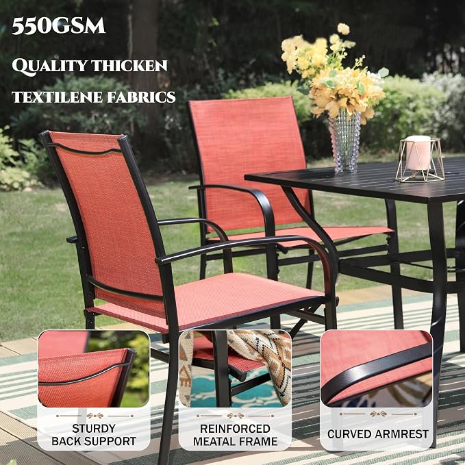 HERA'S HOUSE 9pc Outdoor Patio Dining Set for 8, Textilene Chairs, Red | 83" Rectangular Metal Table with umbrella hole. Waterproof, rust-resistant, all-weather for backyard, porch