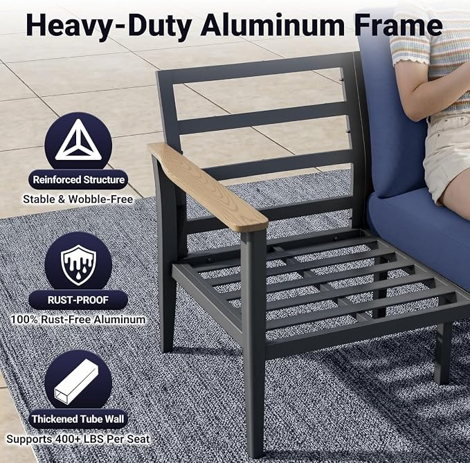 Aluminum Swivel Rocking Chairs, 3-Piece Outdoor Patio Furniture Set with Side Table, Rust-Proof Metal Gliders with Wood-Like Armrests & 5.1" Thick Cushions for Backyard, Porch, Navy Blue