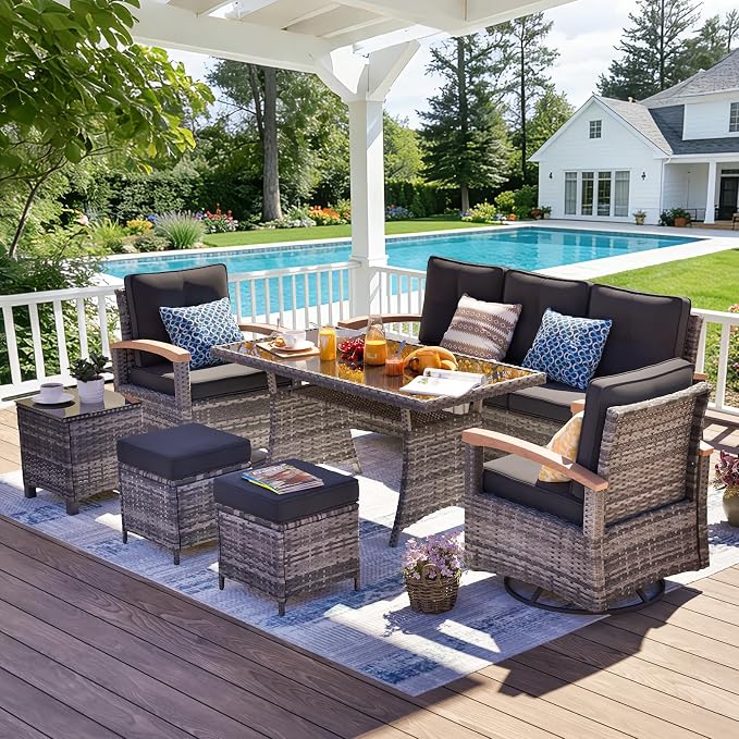 MEISSALIVVE 7 Pieces Patio Furniture Sets, PE Wicker Outdoor Conversation Sets with 2 Wood Armrests Swivel Rocker Chairs, 2 Ottomans, 3-seat Sofa and Dining Table (Black)