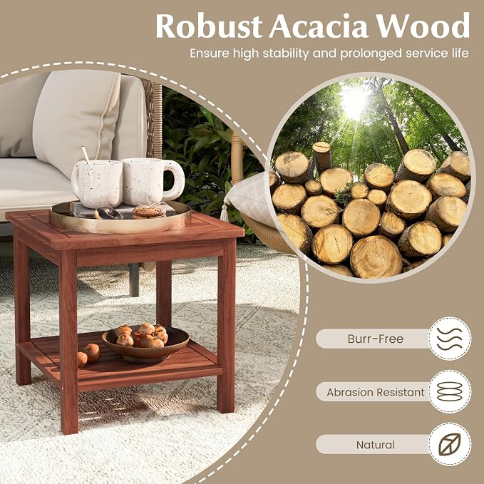 Tangkula Patio Side Table, Double-Tier Acacia Wood End Table, Slatted Tabletop & Shelf, Outdoor Small Side Table with Storage, Compact Wood Table for Backyard, Balcony (2, Natural)