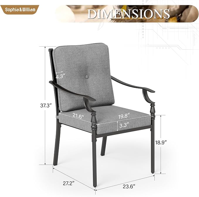 Sophia & William Outdoor Patio Dining Chairs Set of 4, Heavy Duty Outdoor Furniture Chairs with Thickened Cushions, Wrought Iron Deck Chairs for Backyard, Poolside, Balcony and Garden