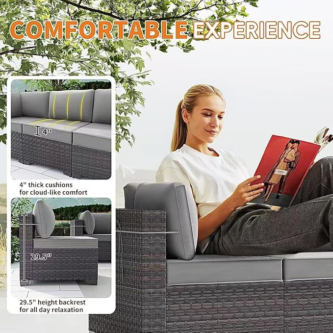 Gotland 9 Pieces Patio Furniture Set with 29.5'' High Backrest, All Weather PE Wicker Outdoor Furniture with 4’’ Thickened Cushions Coffee Table, Patio Set for Deck, Garden, Backyard, Grey
