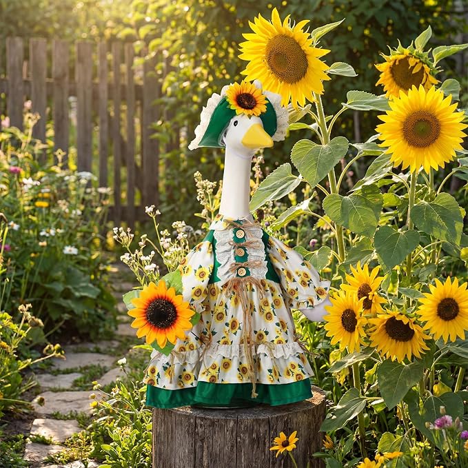 Soulchen 1 Set Sunflower Porch Goose Outfit 23 Inch Summer Cement Goose Clothes Dress and Hat Costume Set for Summer Fall Outdoor Holiday Garden Yard Decor