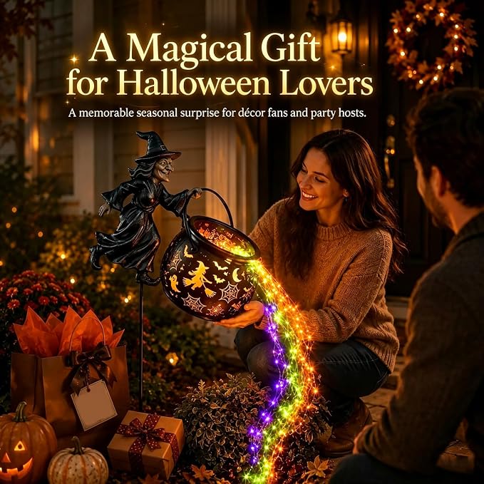 Halloween Witch Cauldron Garden Light, Colorful Waterfall-Style Light Flow Flying Witch Garden Stake, Halloween LED Projector Lights Decorations Outdoor for Yard Lawn Patio
