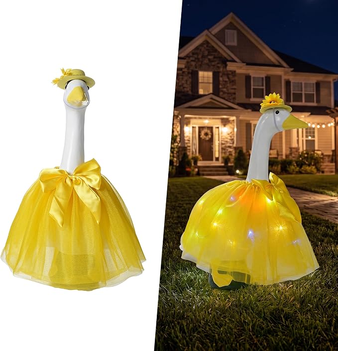 Summer Porch Goose Outfit Set with Floral Dress & Hat for 23" Goose Statue (Yellow)