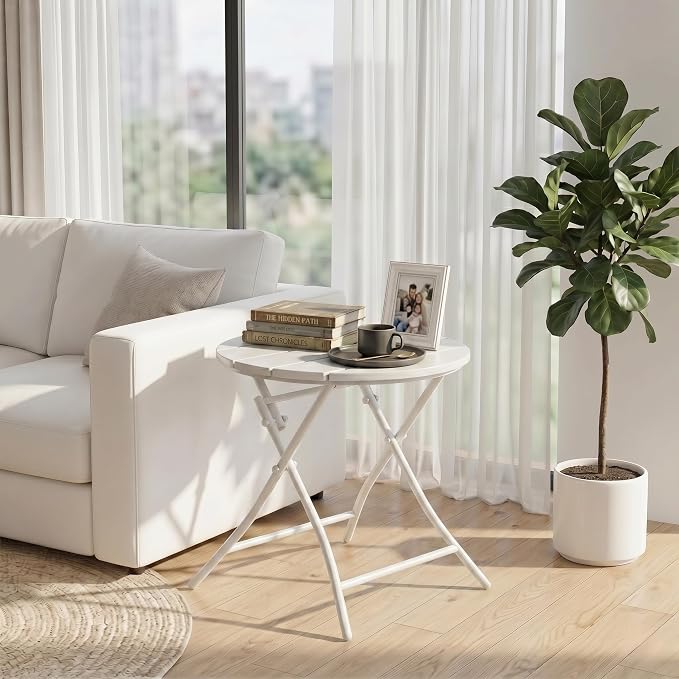 TeoKJ Folding Small Outdoor Side Tables, HDPS Patio Table with Metal Legs, Outdoor Small Round Table for Garden,Deck, No Assembly Patio Table Round Nightstand for Porch Yard Balcony Deck Lawn, White