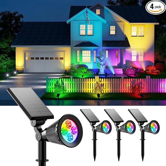4 Pack Color Changing Solar Spotlights Outdoor Waterproof for Tree, Flower, Plant, Statue, Sign, Decorative wall, Rainbow Lanscape Decor Uplights for House Outside, Yard, Garden, Patio, Pathway, Fence