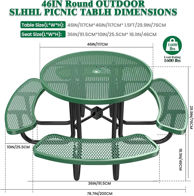 Ceridwen Heavy Duty Picnic Table with 4 Benches, Expanded Metal Steel Mesh Outdoor Patio Dining Table Bench Set with Umbrella Hole,Outdoor Patio Dining Table for Garden (Round, Green, 46FT)