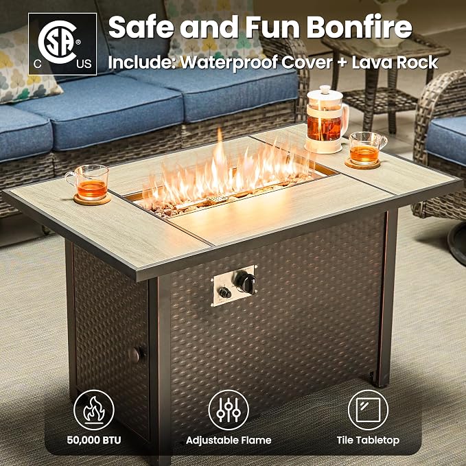 ovios 7-Piece Patio Furniture Set with Swivel Chairs Side Table, Outdoor Wicker Sofa with 42" Fire Pit Table, High Back Couch Modern Conversation Sets, Grey/Denim Blue