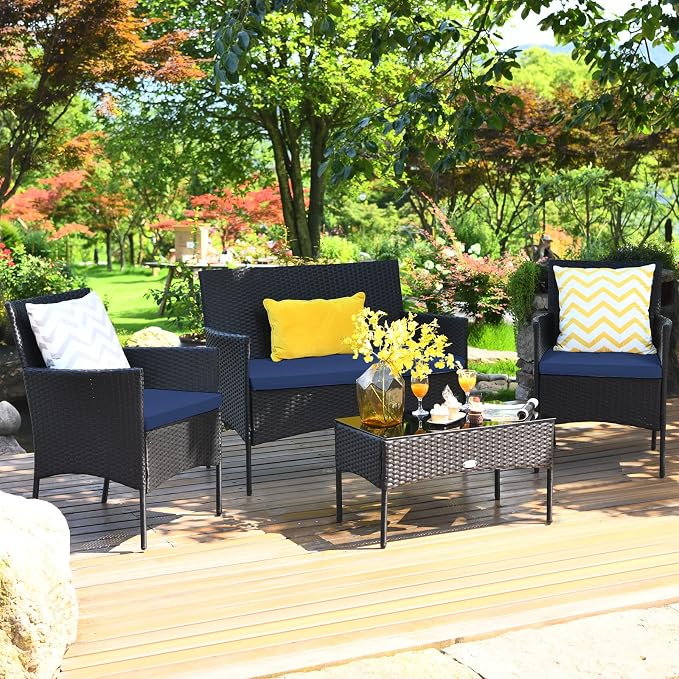 Tangkula 4 Pieces Patio Furniture Set, Outdoor Wicker Conversation Set with Tempered Glass Tabletop, Rattan Sofa and Chairs Set with Off White & Navy Cushion Covers