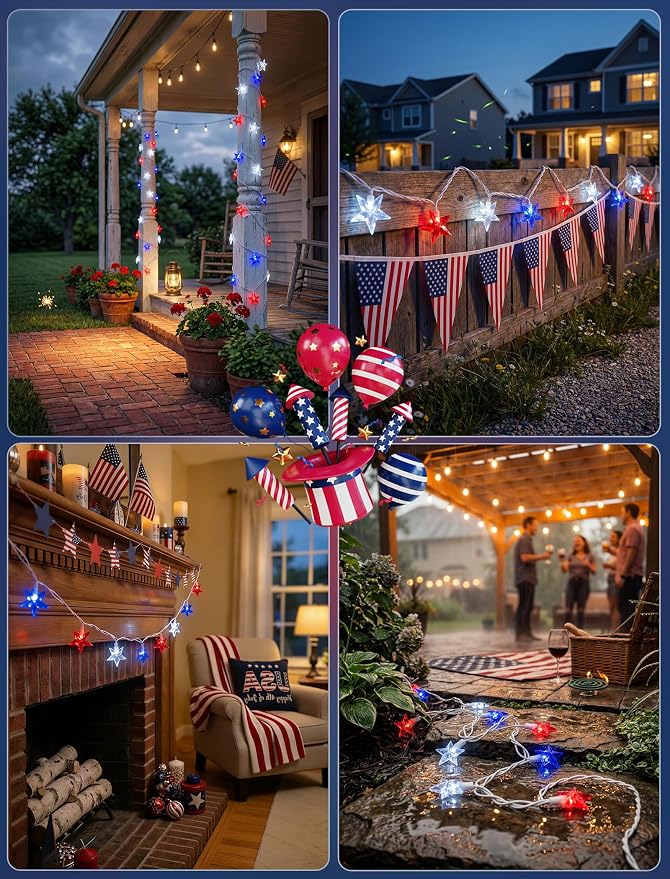 35 LED Patriotic Star String Lights, 13.6FT 4th of July Red White and Blue String Light with LED Mini Bulbs, Waterproof Connectable Independence Day Lights for Home Patio Garden Yard Memorial Day