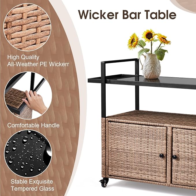 Outvita Patio Bar Table, Weatherproof Buffet Cabinet Wicker Outdoor Storage Cart with 2 Doors & Shelves Glass Tabletop for Tableware Wine Bottle and Glass, Towels, and Potting Supplies