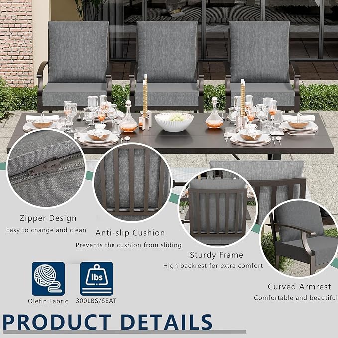 9 Piece Outdoor Dining Set for 8, Metal Patio Table and Chairs with Cushions, Patio Furniture Set with 8 Swivel Chairs, Rectangular Metal Dining Table with Umbrella Hole, Lawn Deck Yard-Grey