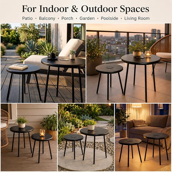 Solar Outdoor Side Table Set of 2 with Warm LED Light, Round Metal Patio End Tables, IP44 Water-Resistant Stackable Accent Tables for Balcony Porch Garden Poolside, Black