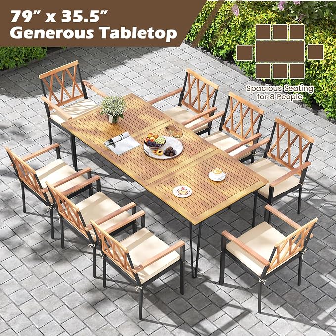 RELAX4LIFE Wooden Outdoor Dining Table for 8, 79" Rectangular Table w/Acacia Wood Slatted Top, Umbrella Hole & Metal Legs, Indoor Outdoor Bistro Table for Porch Garden, 8-Person Patio Dining Table