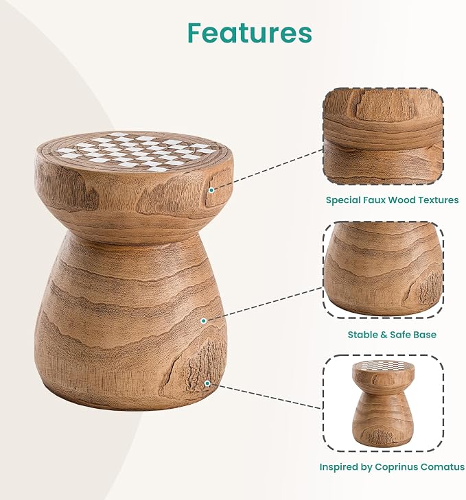 SUNBURY Outdoor Side Table, 14" W Round Outdoor End Table, Faux Wood Small Concrete Side Tables w Chessboard,Patio Side Tables, Garden Stool for Yard, Front Porch, Brown
