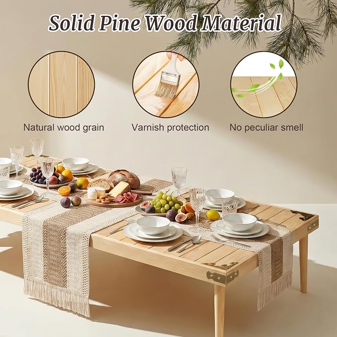 Boho Folding Picnic Table with Table Runner, 59.4" x 28.3" Wooden Low Portable Table with Carrying Handle, 2 Height Settings 14.6/17 Inches for Beach Camping BBQs