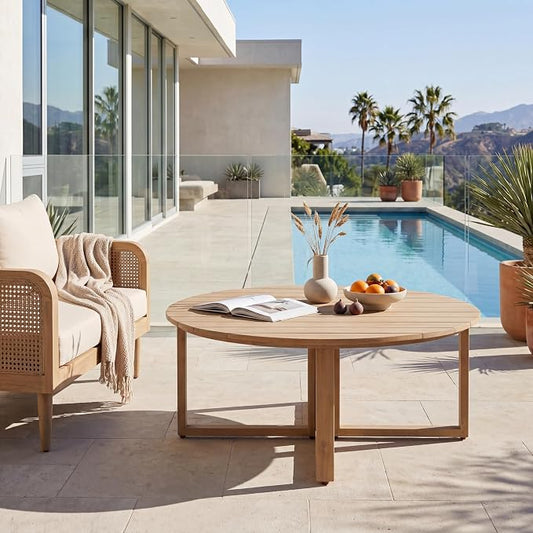 Christopher Knight Home Dahlia 14.37" Height Outdoor Coffee Table, Acacia Wood Accent Table with Slatted Panel Design, Round Patio Table for Garden Balcony, Low Maintenance Patio Furniture, Light Teak