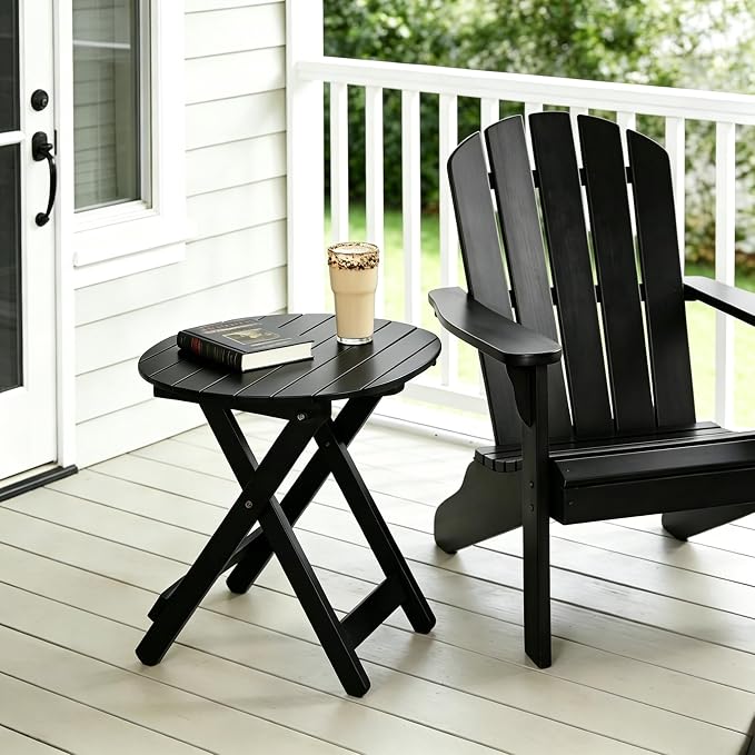 Outdoor Small Table, Round Folding Wooden Patio Side Table Furniture End Table for Adirondack Chair, Balcony, Porch, No Assembly Required, Black