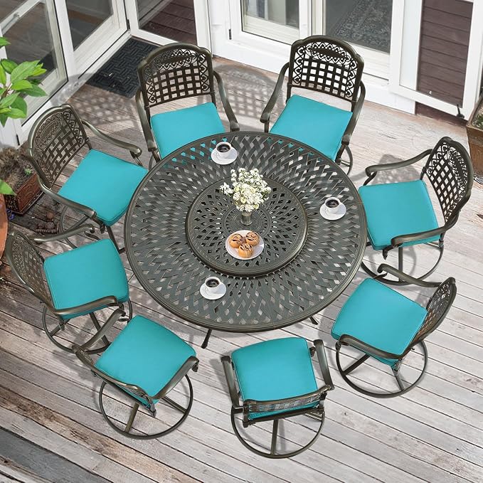 MEETWARM Outdoor 9-Piece Patio Dining Set, All-Weather Cast Aluminum Patio Conversation Set- 8 Cushioned Swivel Rocker, 61" Round Patio Dining Table w/Detachable Lazy Susan/Umbrella Hole, Ocean Blue