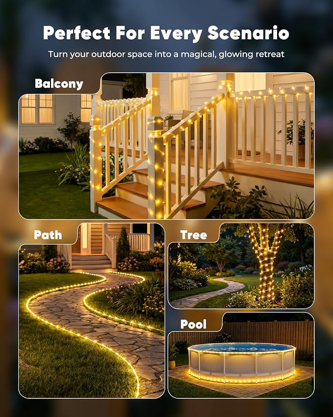 Brightown 39FT 100LED Solar Rope Lights Outdoor Waterproof, Warm White | IP65 Solar Powered Fairy Lights with 8 Lighting Modes, Outdoor String Lights for Party Garden Yard Holiday Tree Decoration