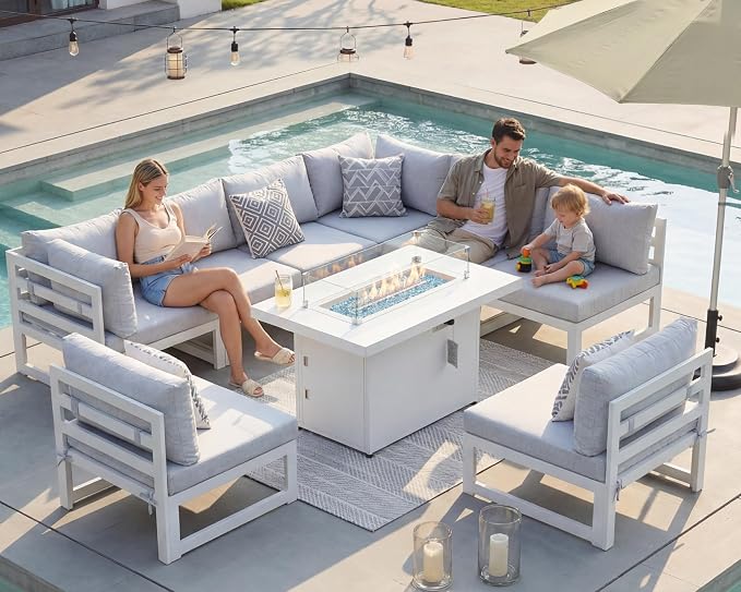 NICESOUL Aluminum Frame Patio Furniture Set with Firepit Table, Oversized Modular L Shaped Outdoor Sectional Sofa, 29" Deep Seating, 9 Piece 500 lbs Heavy Duty Conversation Set for Deck, Light Grey