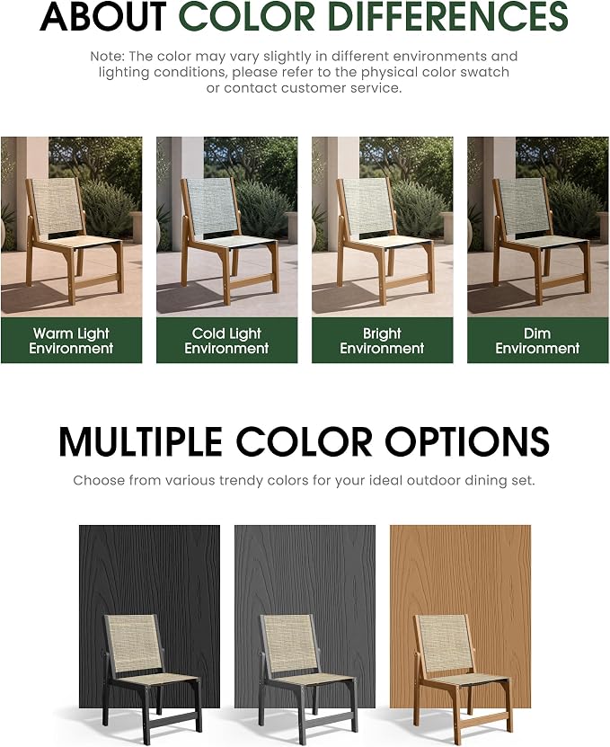 SUUNYN Patio Stackable Chairs Set of 2, HDPE Armless Outdoor Dining Chairs with Wide Seat, All-Weather Textilene Oversized Porch Chair for Garden, Poolside, Backyard, Deck | Teak
