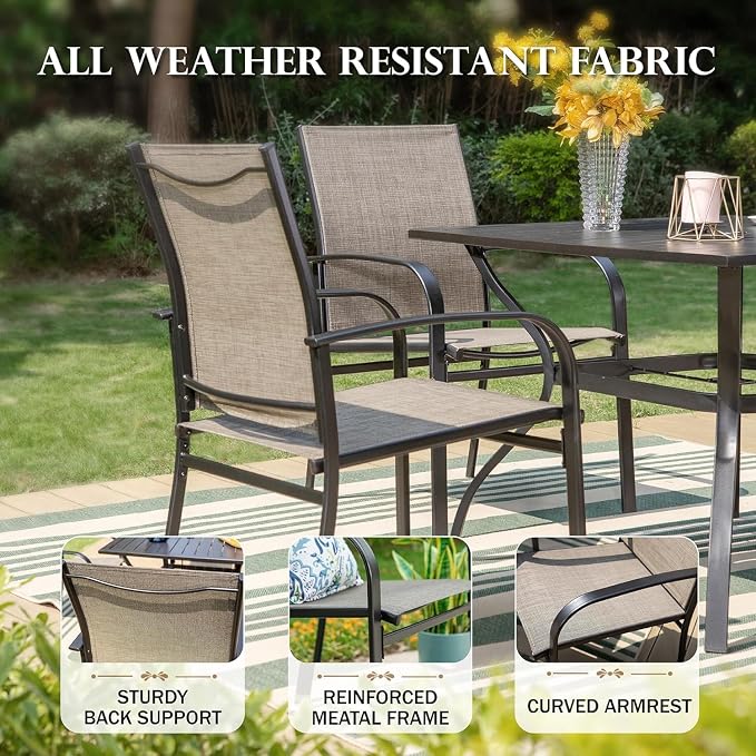 HERA'S HOUSE 7pc Outdoor Patio Dining Set, Wood-Look Metal Table, Brown | 6 textilene chairs, 64" rectangular table with umbrella hole. Waterproof, rust-resistant, all-weather for yard, porch