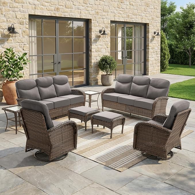 8-Piece Patio Furniture Set with Upgraded 6" Thick Cushion - High Back Outdoor Swivel Rocker Chairs with 3-Seater Sofa Set of 2,Ottomans,Wicker Outdoor Conversation Set for Deck, Porch, Yard, Poolside