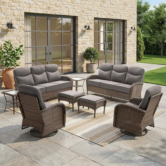 8-Piece Patio Furniture Set with Upgraded 6" Thick Cushion - High Back Outdoor Swivel Rocker Chairs with 3-Seater Sofa Set of 2,Ottomans,Wicker Outdoor Conversation Set for Deck, Porch, Yard, Poolside