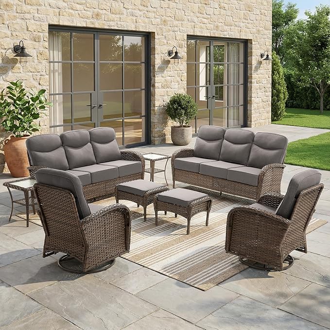 8-Piece Patio Furniture Set with Upgraded 6" Thick Cushion - High Back Outdoor Swivel Rocker Chairs with 3-Seater Sofa Set of 2,Ottomans,Wicker Outdoor Conversation Set for Deck, Porch, Yard, Poolside