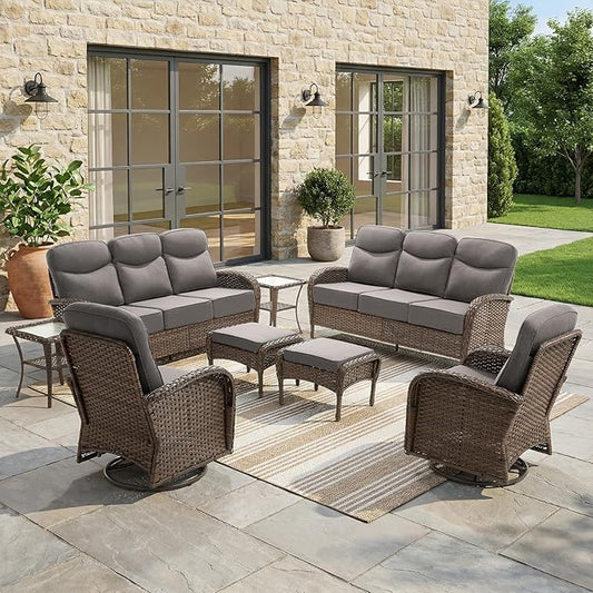8-Piece Patio Furniture Set with Upgraded 6" Thick Cushion - High Back Outdoor Swivel Rocker Chairs with 3-Seater Sofa Set of 2,Ottomans,Wicker Outdoor Conversation Set for Deck, Porch, Yard, Poolside