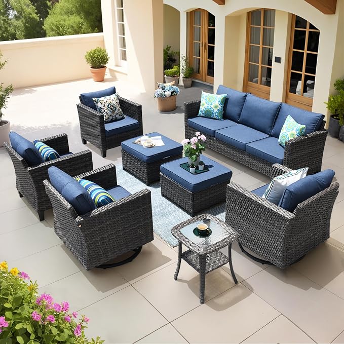 ovios 8 Pieces Patio Furniture Set, Outdoor Wicker Sofa Couch with Swivel Chairs, Rocking Glider Rocker with Comfy Cushions All Weather Rattan Conversation Set, Denim Blue