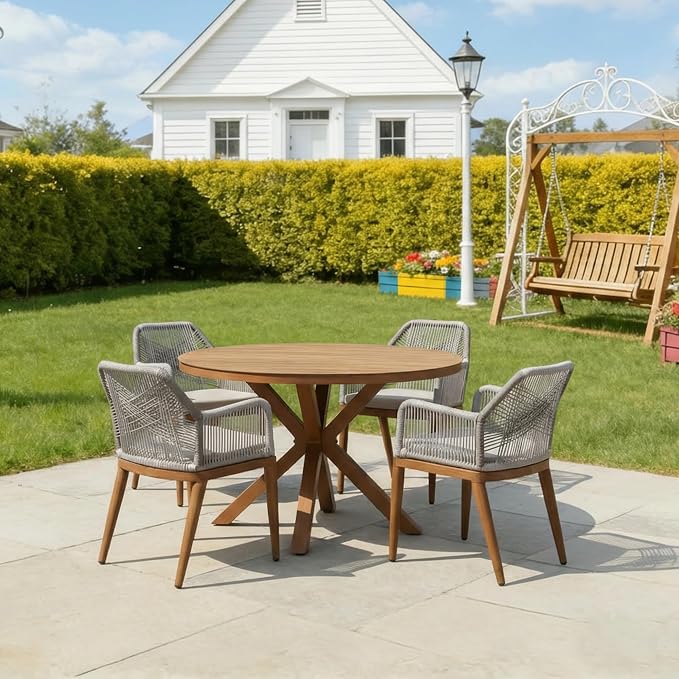 PURPLE LEAF 5 Pieces Patio Round Dining Set Aluminum Oversize Round Table and Rattan Arm Chairs with Cushions for Kitchen Porch Garden Modern Outdoor Furniture Sets
